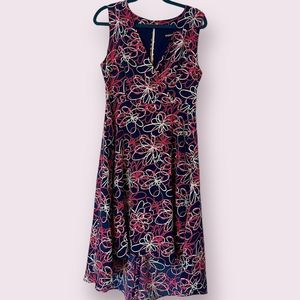 DKNY Navy Floral High-Low Dress with Pink and White Outline